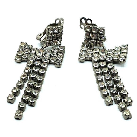 Long Rhinestone Earrings Bows Articulating Drop Dangling Clip Ons Vintage Costum - Picture 3 of 8